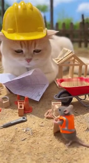 mouse construction something with cat 😄#construction #dog #cat #mouse #diy