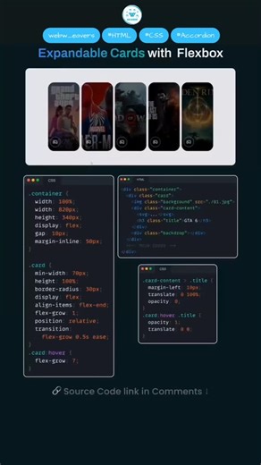 Web Weavers 👨🏻‍💻 on Instagram: "Expandable Card with Flexbox — Clean UI in Motion ⚡💼 Want cards that expand smoothly when clicked or hovered? 👀 Here’s how to do it using just Flexbox + CSS transitions — no JS, no fuss! Perfect for portfolios, product sections, or dashboards. A minimalist animation that feels modern and responsive across all devices 💻 💡 Pro Tip: Use flex-grow + transition to make each card expand naturally within the container. Clean, interactive, and super lightweight ⚡ �