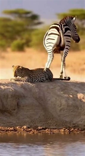 Zebra Kicks Leopard Into Water! 🦓💦 #Shorts