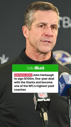 Daily Mail Sport USA on Instagram: "John Harbaugh is going to sign a five-year contract worth almost $100million to become the new head coach of the New York Giants. It was announced overnight on Wednesday that the Giants had won the race to sign the most impressive candidate currently available in the NFL. Now, according to NFL insider Jordan Schultz, he will once again be one of the best-paid coaches in the league as he aims to turn the ailing franchise around.Harbaugh, 63, interviewed in pers