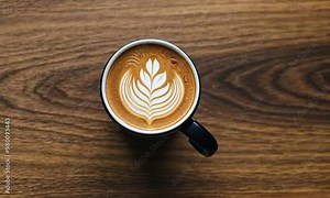 A close-up of a coffee cup on a wooden table. Put the cup in the bottom right of the picture, leaving the top empty.