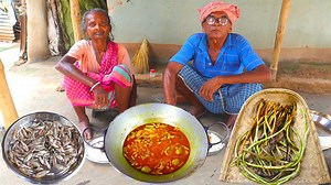 Village style healthy taro stolon and small fish cooking & eating by our grandfather & grandmother | indian tribal village food | Indian tribe food