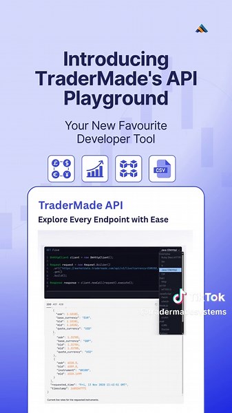👨‍💻 You had the idea. Now test it without writing a single line of code. Introducing the API Playground by TraderMade — an instant, interactive way to test Forex & CFD endpoints in your browser. No IDE. No setup. Just live data and faster experimentation. 📘 Check the blog: https://tradermade.com/blog/introducing-api-playground #TraderMade #ForexAPI #FintechBuilds #MarketDataTools #APILearning #DeveloperTools #FXDataAPI #CodeWithoutCode