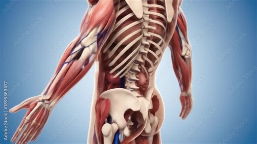 Anatomical human torso showing muscles, organs, veins, arteries, ribs