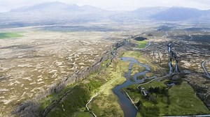 Aerial view of the amazing break between tectonic plates in the Thingvellir National Park, Iceland.