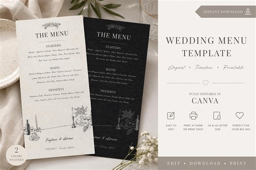 Elegant Sketch Table Wedding Menu Template, Minimalist Canva Editable, Instant Download - Etsy