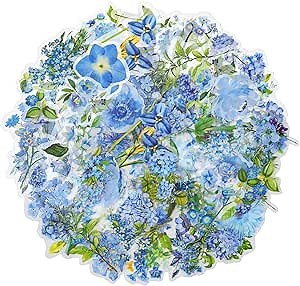 100 Pieces Blue Flower Stickers Set - Cute Floral LeaveTransparent Waterproof Stickers for Art Journaling Planners Scrapbook Laptops DIY Album Decoration