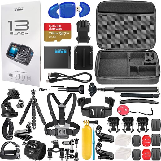 GoPro HERO13 (Hero 13) Black - Waterproof Action Camera with 5.3K Ultra HD Video, 27MP Photos, Live Streaming, Webcam, Stabilization + 128GB Card, 50 Piece Accessory Kit - Bundle