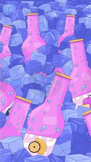 Pink bottles with fruit labels submerged in ice cubes cartoon vertical animation
