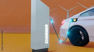 Electric car charging. Electric vehicle charging port plugging in car, 3D Animation. 4K Ultra Hd.