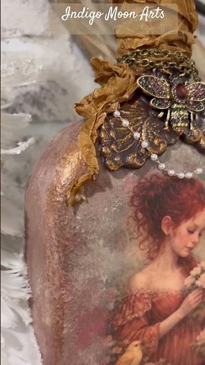 Vintage Mixed Media Art Bottle Decoupage Girl & Birds | Altered Bottle Art