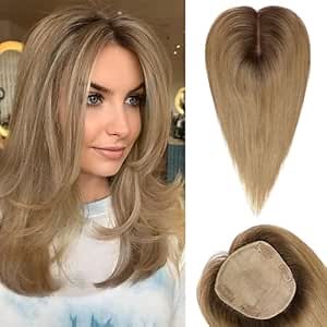 starluck Hair Toppers for Women Real Human Hair, 5"*5.5"Large Coverage Ombre Ash Blonde HairTopper No Bangs,100% Real Human Hair Toppers for Women with ThinningHair,Cover Gray Hair Roots