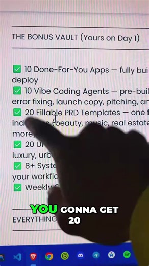 Day 1 surprise: 10 built apps, 10 AI agents, and 20 PRD templates. You get the whole vault before class even starts. Plan it, fill it, build it. #VibeCoding #BonusVault #BuildWithAI #DigitalAlchemy