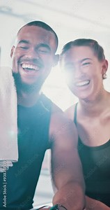 Selfie, man and woman in gym, fitness and exercise with progress and challenge for memory. People, wellness center and friends with smile in picture and happy with workout, club and cardio training