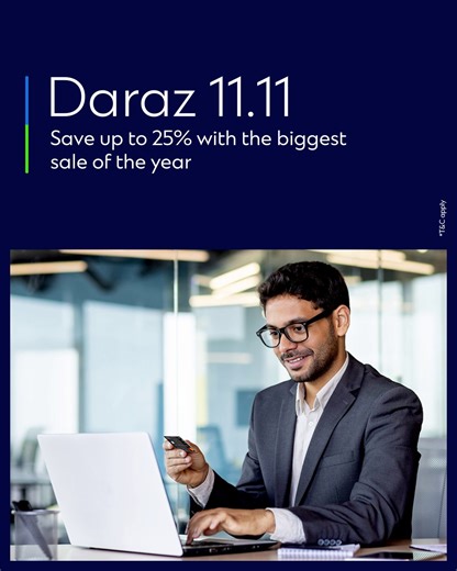 This 11.11 Daraz sale, your Standard Chartered Credit Card brings you up to 25% savings*. Offer is valid till 21st November 2025. Capped at PKR 2,500 on a minimum spend of PKR 10,000. *Max 2 coupons per credit card. Terms & Conditions apply. #SCDiscounts #SCPromotions #Daraz1111 | Standard Chartered Pakistan