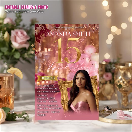 Editable 15th Birthday Invitation With Photo Rose Gold Pink Floral Quinceañera Invite, Digital Sweet 15 Dinner Party Template for Teen Girl - Etsy