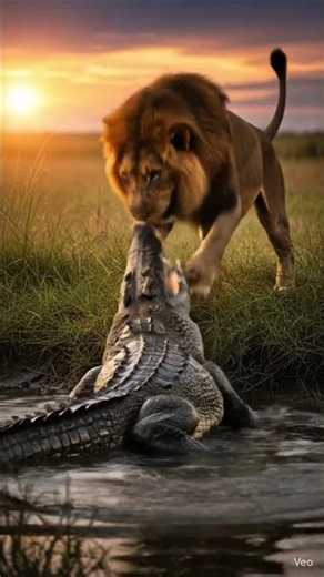 “A Clash of Titans: Lion Strikes as Crocodile Fights Back!”