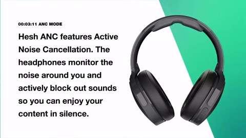 Skullcandy Hesh ANC Wireless Over-Ear Bluetooth Headphones with Extra USB-C Charging Cable, Active Noise Canceling, 22 Hrs Battery, Foldable Lightweight Design, Microphone iPhone Android - True Black