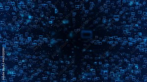 abstract dark blue digital grid data Data Stream Tunnel into communication technology background. Files, Folder Or Documents Transferring Digital binary data, streaming, software source code.