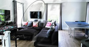 Starting camera panning and floating graphics revealing couch and gaming tables for recreation