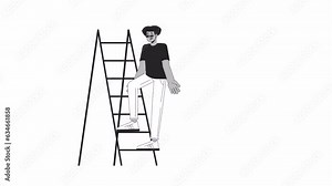 Ladder fall injury bw outline cartoon animation. Slipping hazard at work 4K video motion graphic. Latino man fallen accident 2D monochrome linear animated character isolated on white background