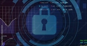 Lock icon with stock market data animation over blue circular digital interface