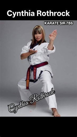 This image features martial arts expert and actor Cynthia Rothrock performing a high-kick pose. She is widely recognized as a champion martial artist and star of numerous action films. The photo showcases her exceptional flexibility and technique in traditional martial arts attire. Often referred to as the "Queen of Martial Arts," she has influenced the genre significantly. | KARATE SIR