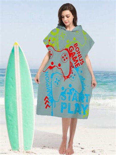 1pc Polyester Outdoor Travel Printed Quick-Drying Absorbent Towel, Unisex Bathrobe With Hooded Gamepad Design - Soft, Fast Drying Beach Towel With Rich & Fun Game Controller Graphic, Suitable For Swimming, Pool, Beach Or Household Use, Travel Swimwear | Novelty Design | Fast Drying Fabric, Offering Ultimate Comfort | SHEIN