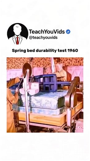 Teach You Vids on Instagram: "Spring Bed Durability Test - 1960. 🛏️⚙️ Back when quality control meant real stress tests, not computer simulations. They built things to last decades, not just survive a warranty period. 🎥 This video is for educational purposes only. DM for credit or removal. #VintageEngineering #OldButGold #DurabilityTest #EngineeringHistory #RetroTech #MadeToLast #1960sInnovation"