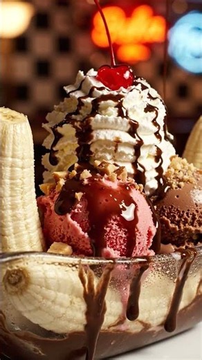 Banana split dessert with toppings