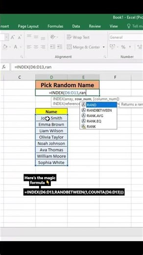 Pick Random Names in Excel 🎯 | INDEX + RANDBETWEEN Trick #excel #ytshorts #youtube #youtubeshorts