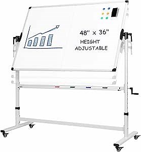 TANKEE Mobile Whiteboard 48 X 36 Inches Height Adjustable Large Standing White Board on Wheels, Rolling Double-Sided Magnetic Dry Erase Board for Office School Classroom Home