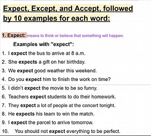 Expect, Except, and Accept, followed by 10 examples for each word: | Empowering English Learning