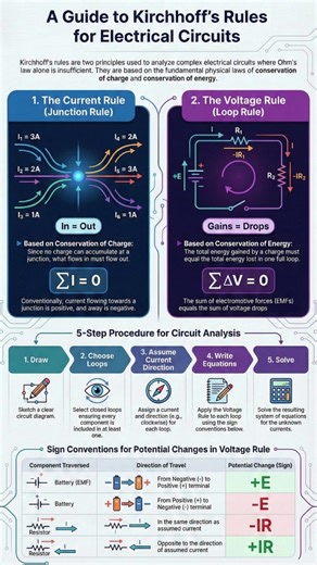 Kirchhoff’s Rules: The Simple Logic Behind Complex Electrical Circuits If you’ve ever looked at a real electrical circuit—one with multiple batteries, resistors, and branching wires—you may have wondered how engineers keep track of what’s happening inside all that complexity. Ohm’s law is helpful, but on its own, it often isn’t enough. This is where Kirchhoff’s Rules come in. At first glance, they might seem intimidating. But beneath the symbols and equations are two beautifully simple ideas roo