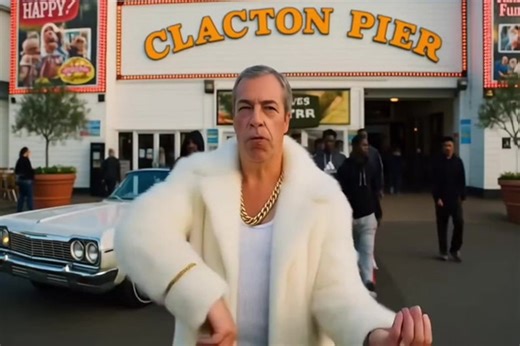 Nigel Farage dances in white fur coat at Clacton Pier in bizarre rap video