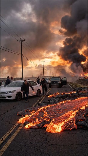 Drivers Flee as Lava Cuts Off Mountain Road on Hawaiʻi Island What began as an ordinary drive quickly turned into a desperate escape on Hawaiʻi Island when a rapidly advancing lava flow swallowed a remote mountain road. Footage from the scene shows lines of vehicles brought to a standstill as a glowing orange river of molten rock spreads across the pavement, filling the air with heat and thick smoke. As the lava reaches the roadway, drivers jump out of their cars. Some pause in shock, looking ba