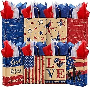 PerKoop 32 Pcs 250th Anniversary Bags Patriotic Gift Bags with Handles American Flag 4th of July Favor with Tissue Paper Vintage Patriotic Decoration for Independence Day Memorial Day Party Supplies