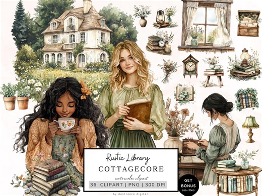 Cottagecore Clipart, Rustic Library Clipart, Cozy Cottage Graphics, Wildflowers Clipart, Aesthetic Pngs, Bookworm Png, Digital Download - Etsy