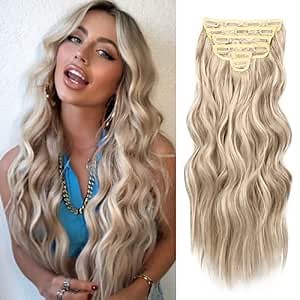 NAYOO Clip in Hair Extensions for Women 20 Inch Long Wavy Curly Ash Brown Mix Platinum Blonde Hairpieces Full Head Synthetic Hair Hairpieces (6PCS, Ash Brown Mix Platinum Blonde)