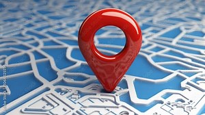 A vibrant red location pin prominently placed on a blue map, highlighting a specific navigation point and white roads