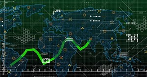 Green line graph animation over world map with data points and grid Stock Video