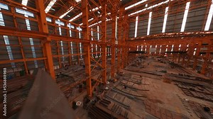 Shipbuilding industry. Inside the workshop of shipyard. The place of assembly of the hulls of ships. 4K. aerial view. FPV drone.