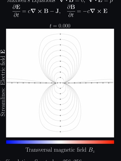 We use the Maxwell's equations to simulate the 2D electromagnetic field generated by the rotation of a finite electric dipole. The dipole starts at rest and begins to rotate at t=0, generating a current. The electromagnetic field radiates outwards, trying to rotate the field lines along with the dipole. However, the delay prevents both to be truly alined. The simulation domain is a square of side 1 and the charges are separated a distance 1/16 and angular velocity of 4pi (two full rotations in o