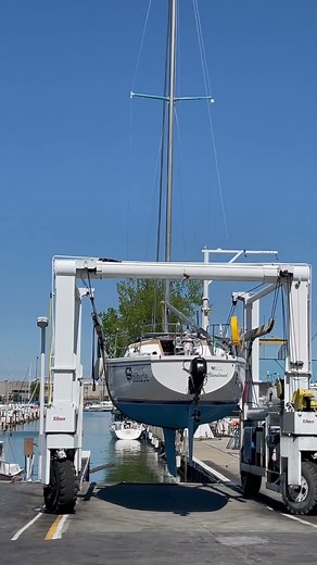 Catalina 30 sailboat launches into water. Fortress of solitude Lake Erie