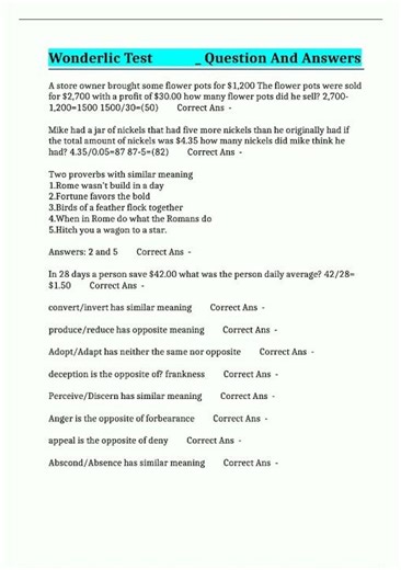 Latest Wonderlic Sample Test 28 Questions And Answers1493 video