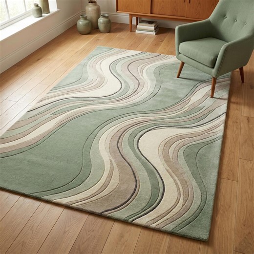 Modern Abstract Wave Rug – Sage Green Cream Wool Area Rug, Hand Tufted Contemporary Carpet, Custom Size Home Decor - Etsy