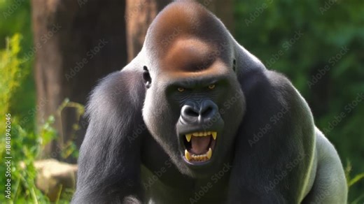 An impressive gorilla with an open mouth showing its teeth. The image showcases the gorilla's power and dominant behavior