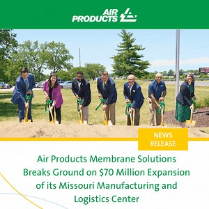 Air Products, the global leader in the production of gas separation and purification membranes, today hosted a groundbreaking event at the site of a $70 million expansion of its Missouri Manufacturing and Logistics Center in Maryland Heights, near St. Louis, MO. The investment, which is Air Products Membrane Solutions’ largest ever, is driven by growing product demand in biogas and hydrogen recovery applications, as well as customer needs for the use of nitrogen for the aerospace industry and cl