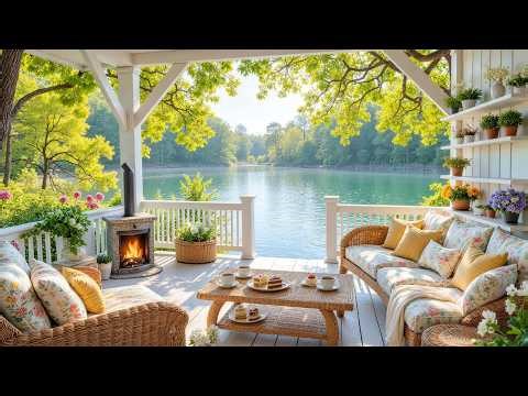 Cozy Spring Porch Ambience with Relaxing Music for Studying 🌺 Crackling Fireplace for Relaxation