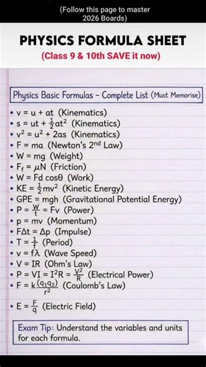 Physics formula sheet (class 9 & 10 save it now🤨 #shortsfeed #physicformula #class10 #examtips